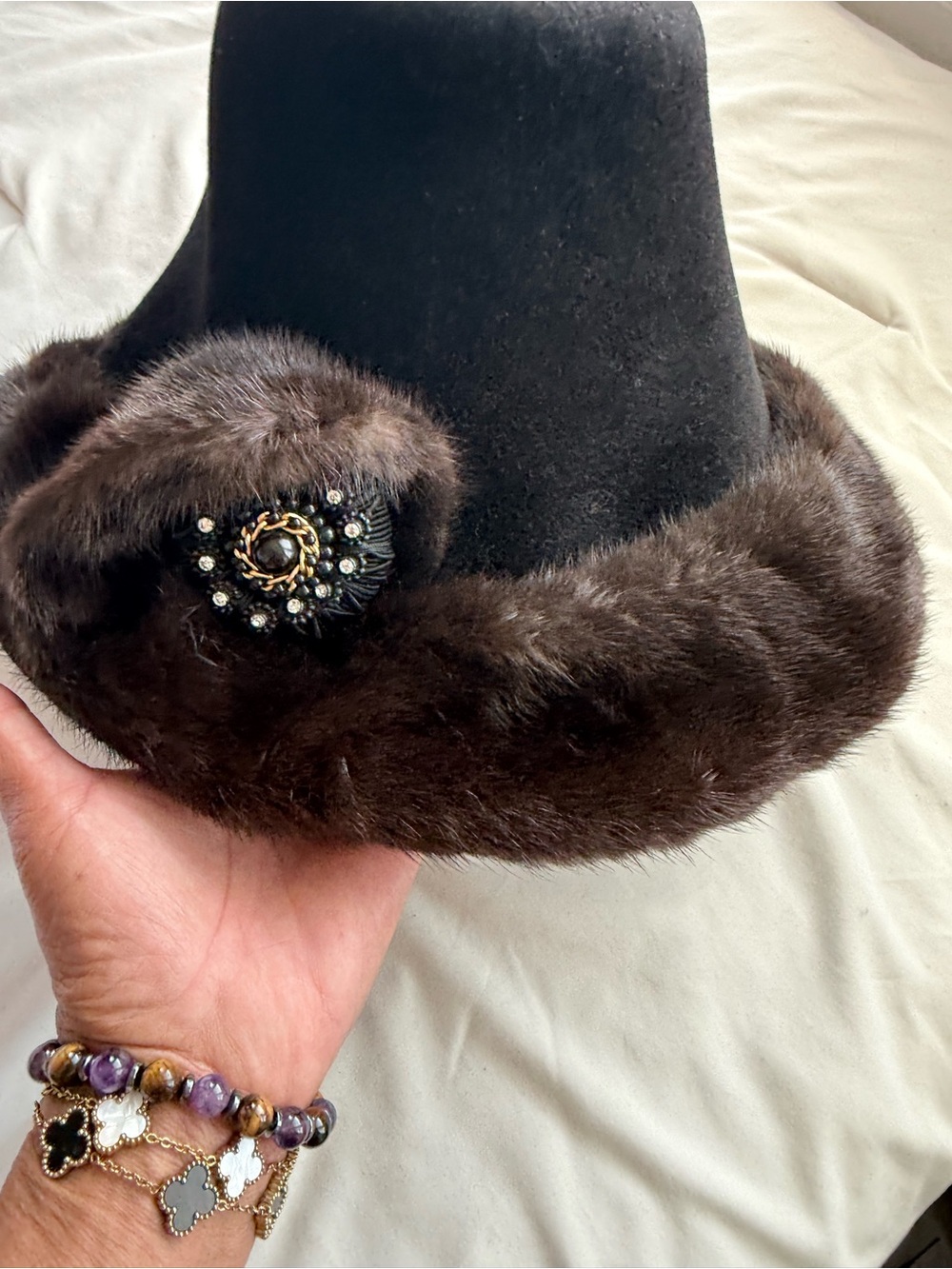 Black and Brown Women's Fur Trim Fedora Hat